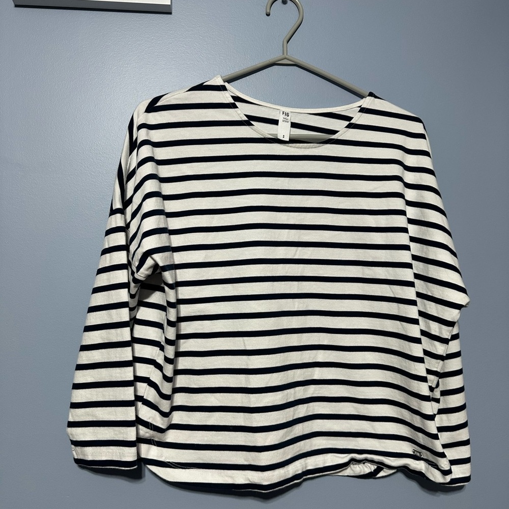 Fig organic cotton Black and White Striped Long Sleeve Top rounded hem
